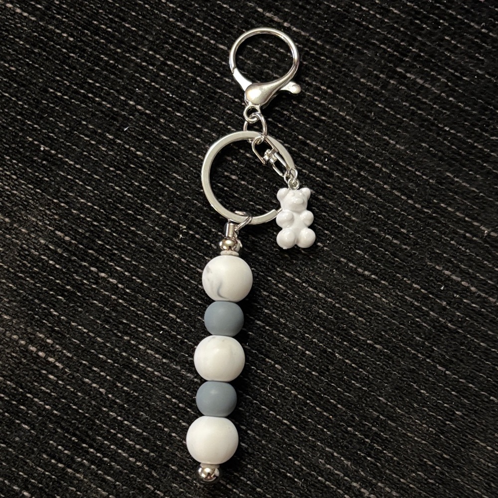 Kids Beaded Keychain with Bear Charm - White and Gray Handmade